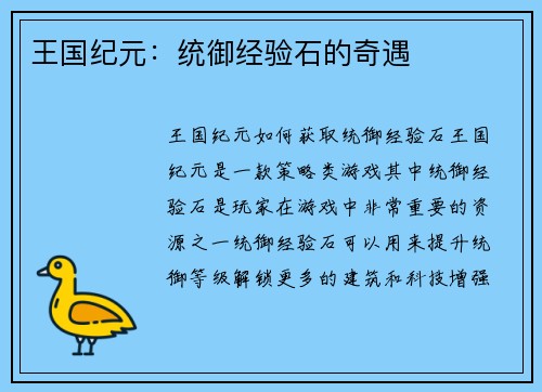 王国纪元：统御经验石的奇遇