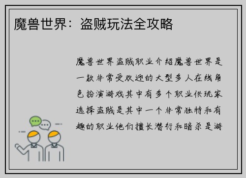 魔兽世界：盗贼玩法全攻略